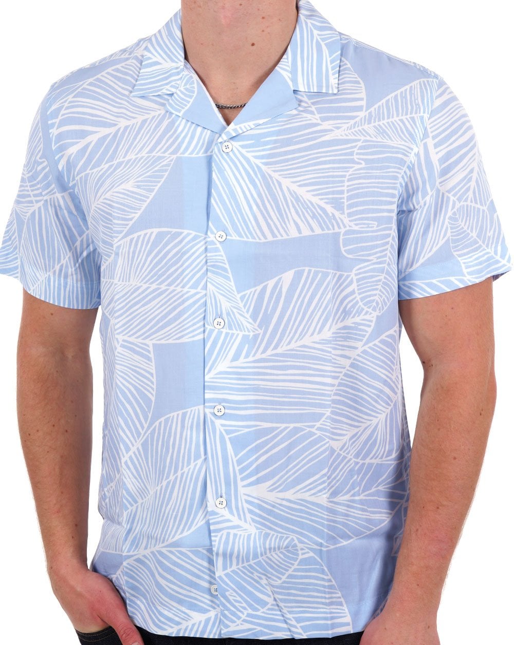 Benetton Kurzarm-Shirt mit Blatt-Print Himmelblau/Weiß
