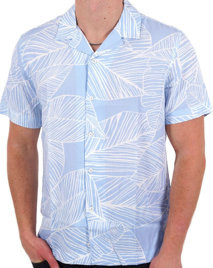 Benetton Kurzarm-Shirt mit Blatt-Print Himmelblau/Weiß