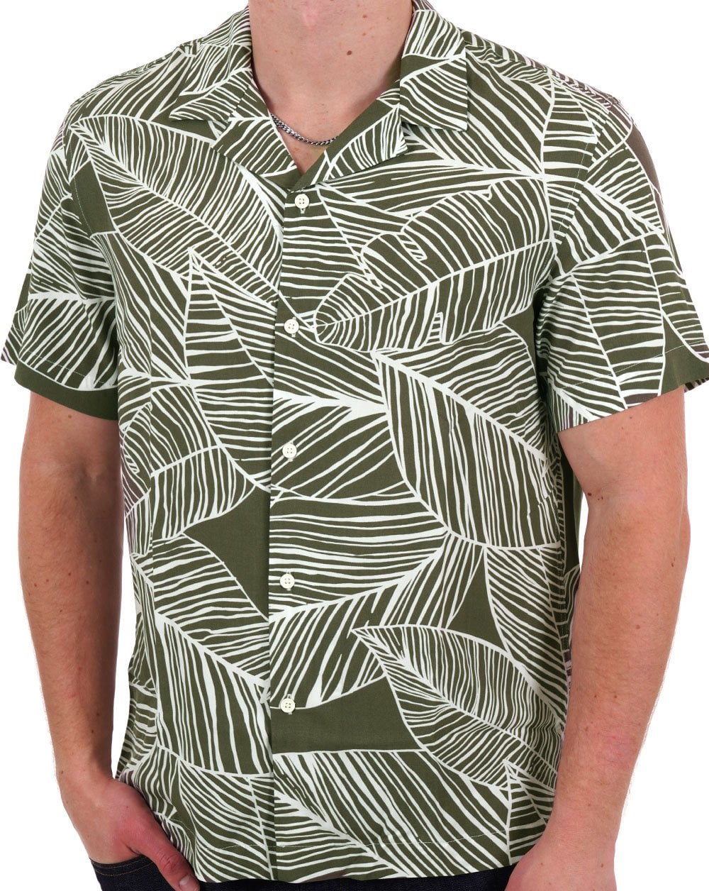Benetton Kurzarm-Shirt mit Blatt-Print Olivgrün/Weiß
