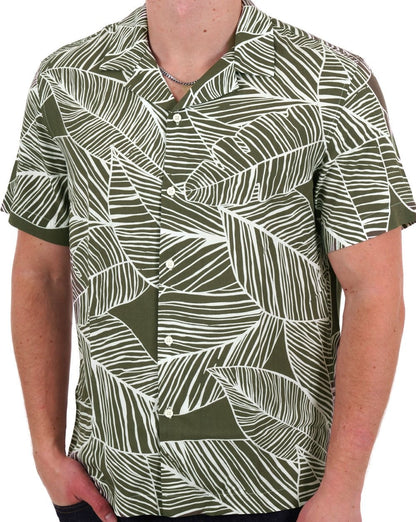 Benetton Kurzarm-Shirt mit Blatt-Print Olivgrün/Weiß