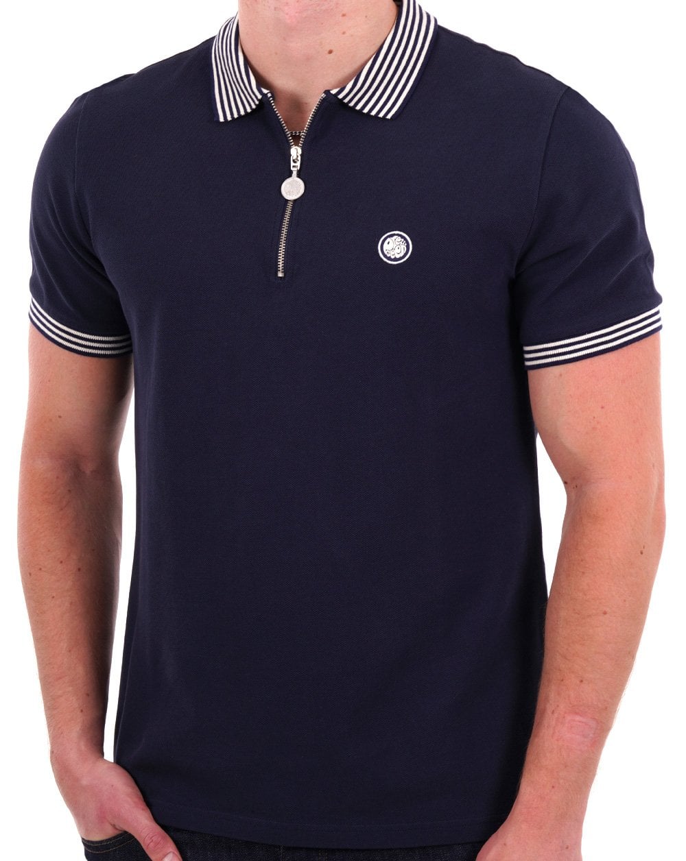 Pretty Green – Orion – Poloshirt mit Streifenkragen, Marineblau