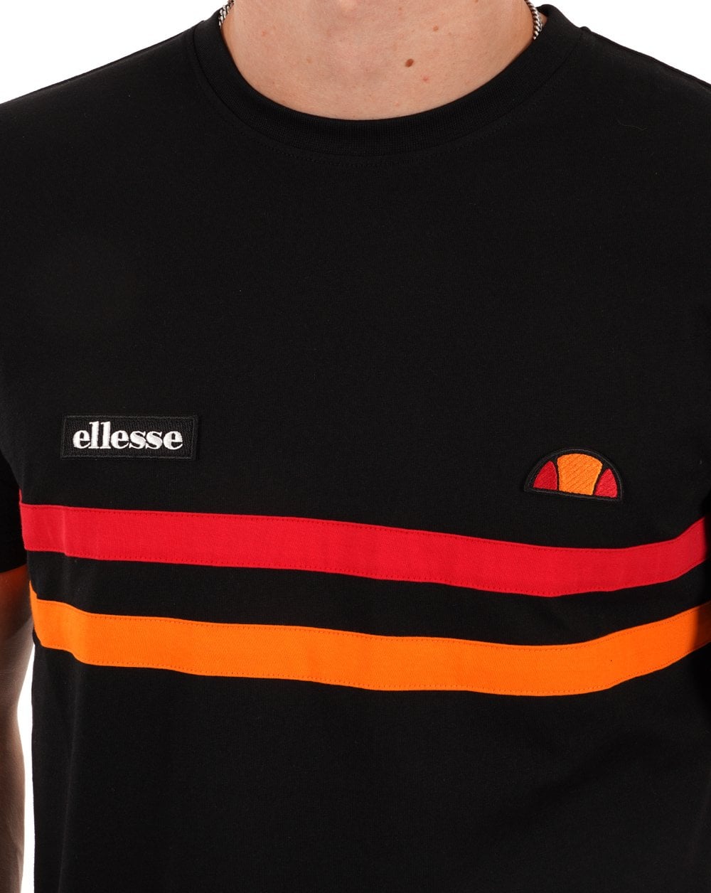 Ellesse – T-Shirt mit zwei Streifen, Schwarz/Rot/Orange