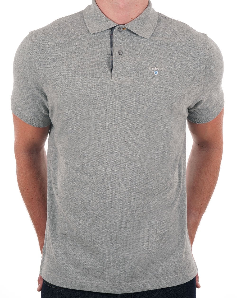 Barbour – Tartan-Piqué-Poloshirt in Graumeliert