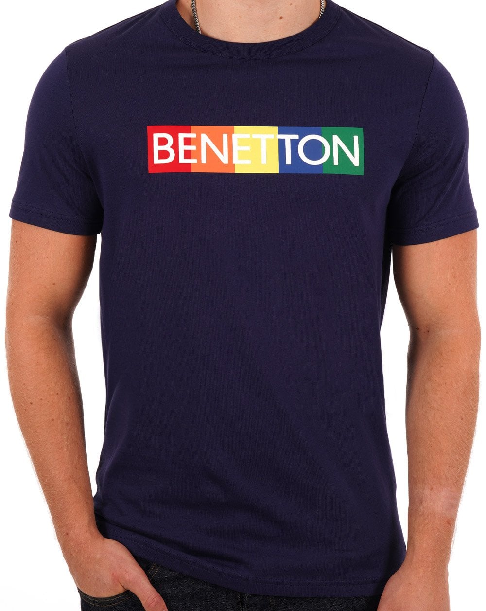 Benetton – Mehrfarbiges T-Shirt mit Logo-Box in Marineblau