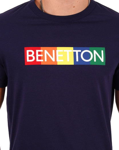 Benetton – Mehrfarbiges T-Shirt mit Logo-Box in Marineblau