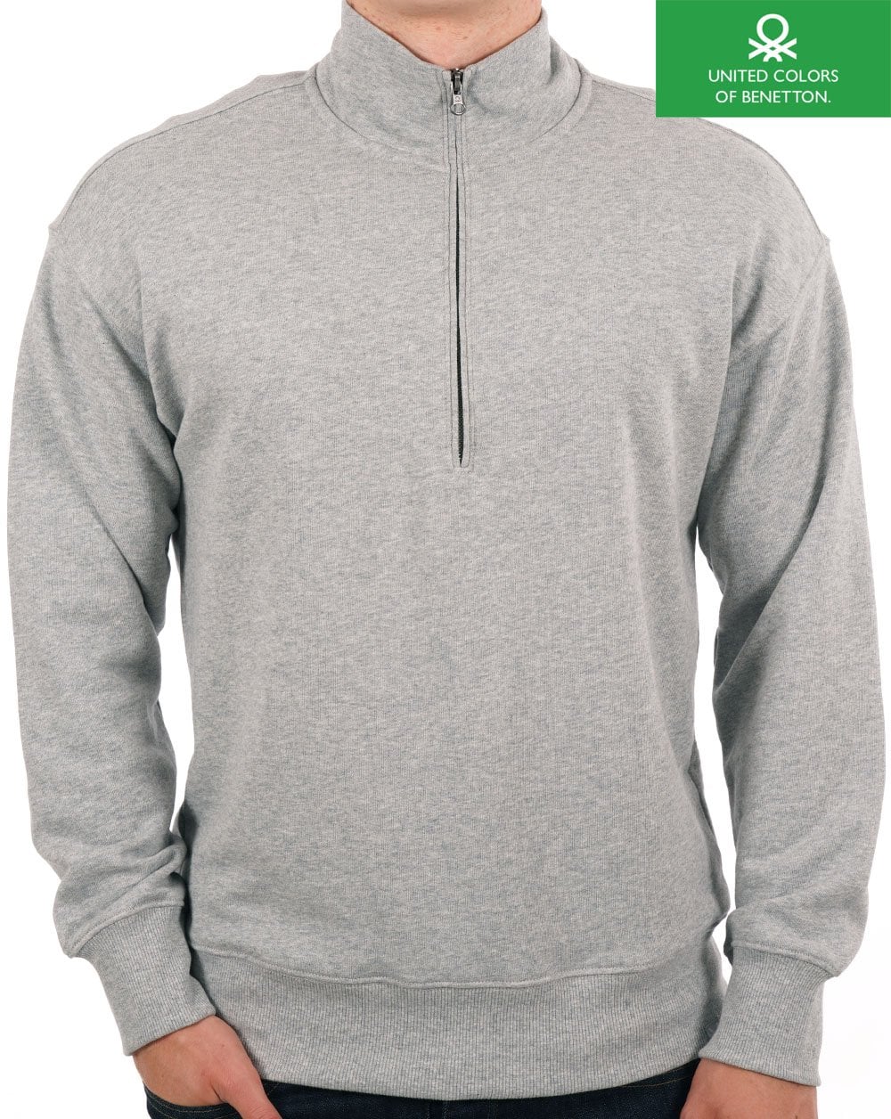 Benetton – Sweatshirt mit Viertelreißverschluss in Grau meliert