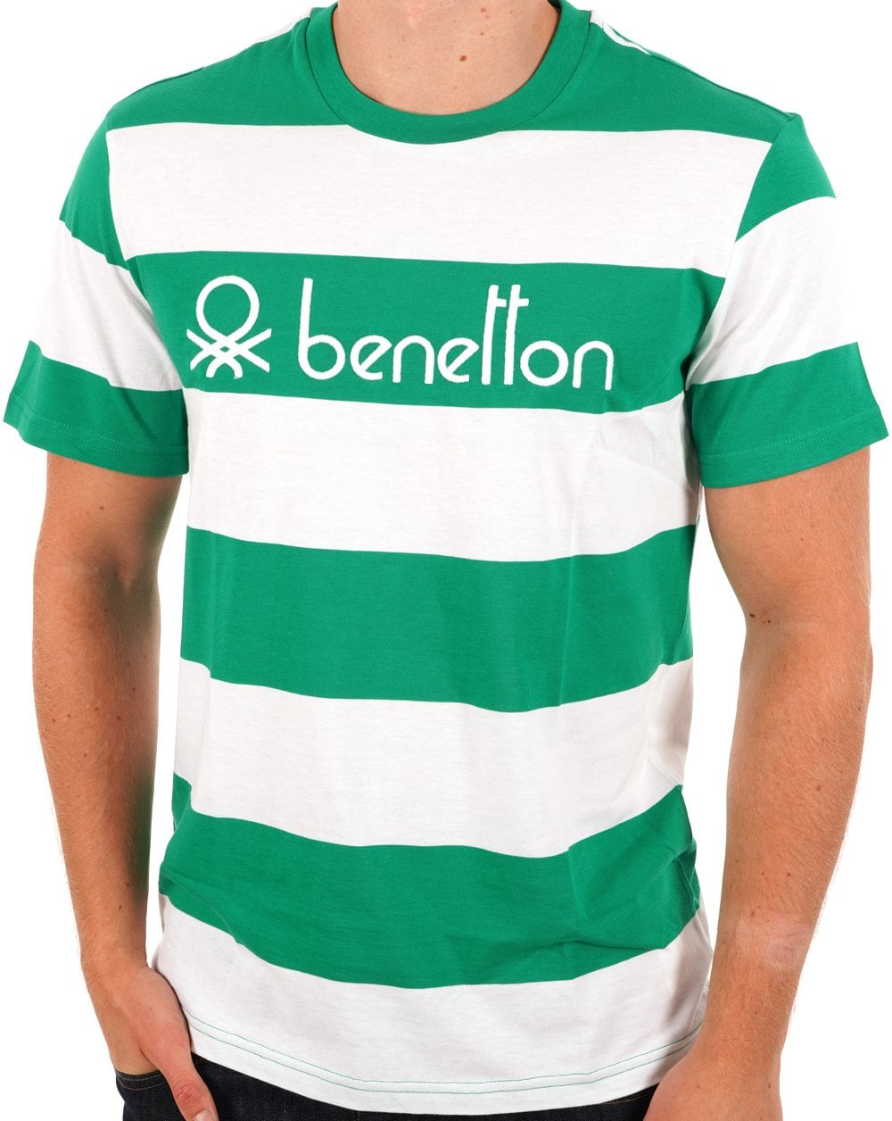 Benetton Streifen-T-Shirt Weiß/Grün