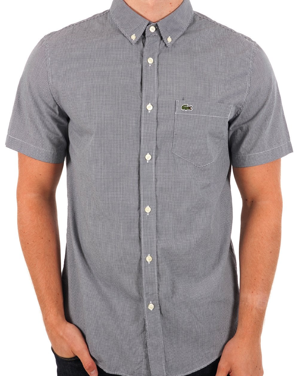 Lacoste – Kurzarm-Hemd mit Gingham-Karomuster, Marineblau/Weiß