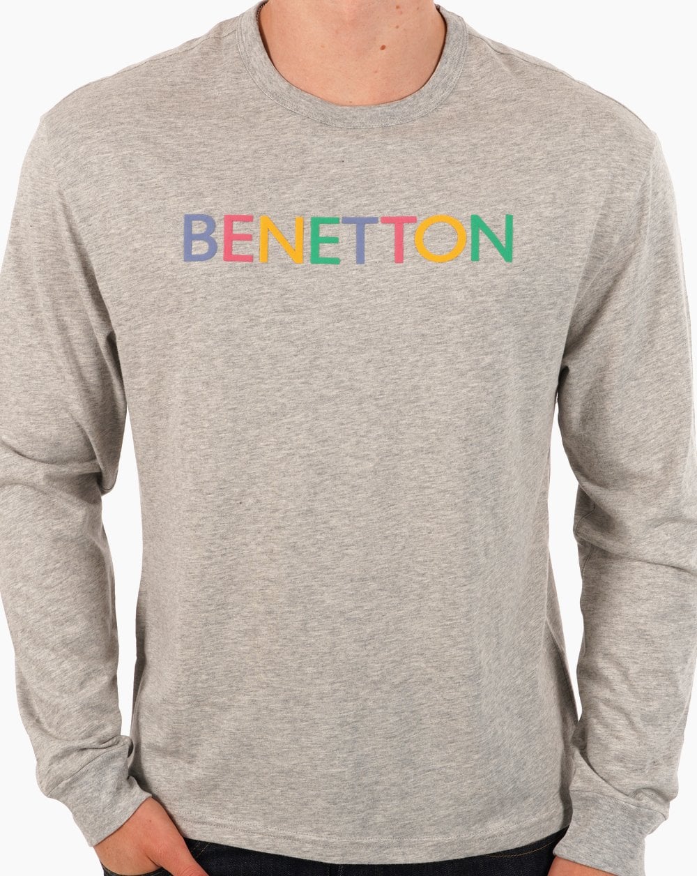 Benetton – Langärmliges Logo-T-Shirt in Grau
