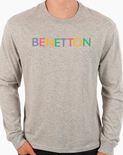 Benetton – Langärmliges Logo-T-Shirt in Grau