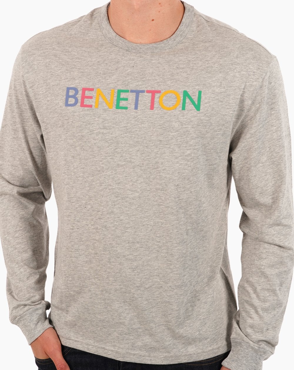 Benetton – Langärmliges Logo-T-Shirt in Grau