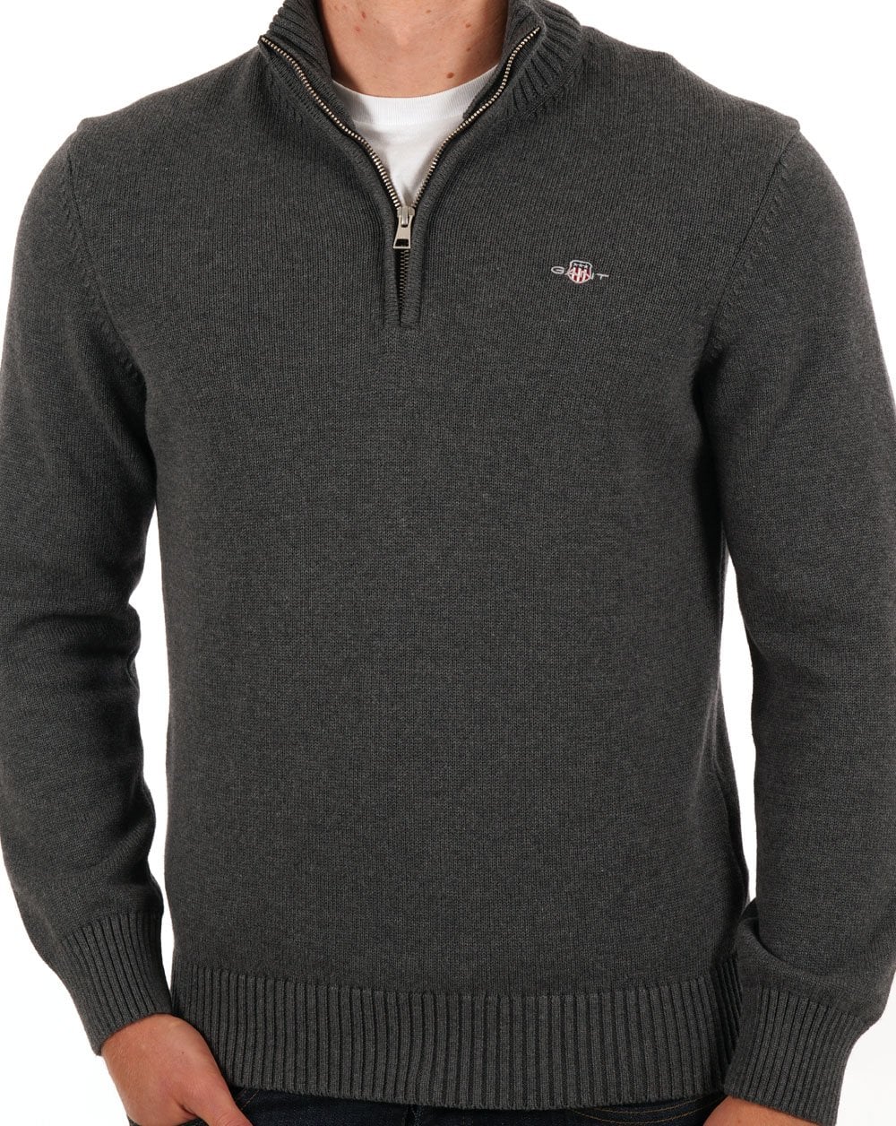 Gant – Baumwollpullover mit halbem Reißverschluss in Anthrazit