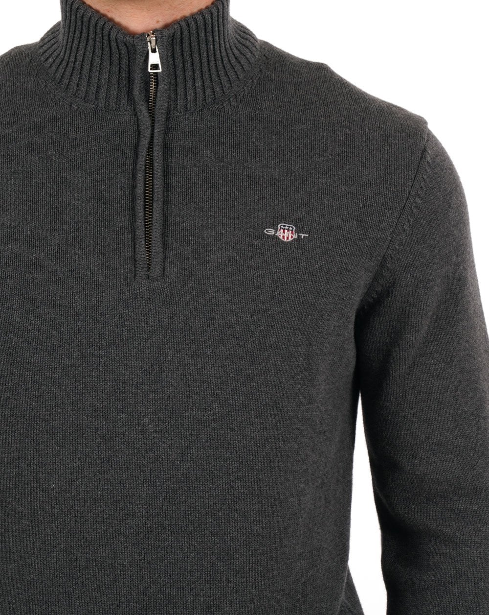 Gant – Baumwollpullover mit halbem Reißverschluss in Anthrazit