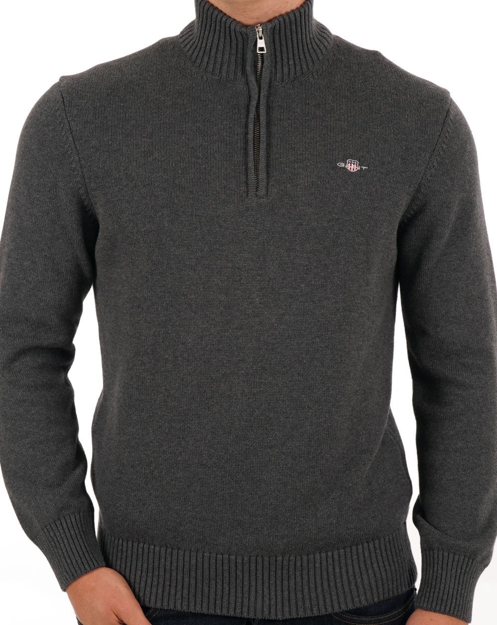 Gant – Baumwollpullover mit halbem Reißverschluss in Anthrazit