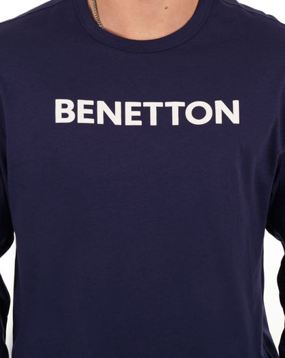 Benetton – Langärmliges Logo-T-Shirt in Marineblau