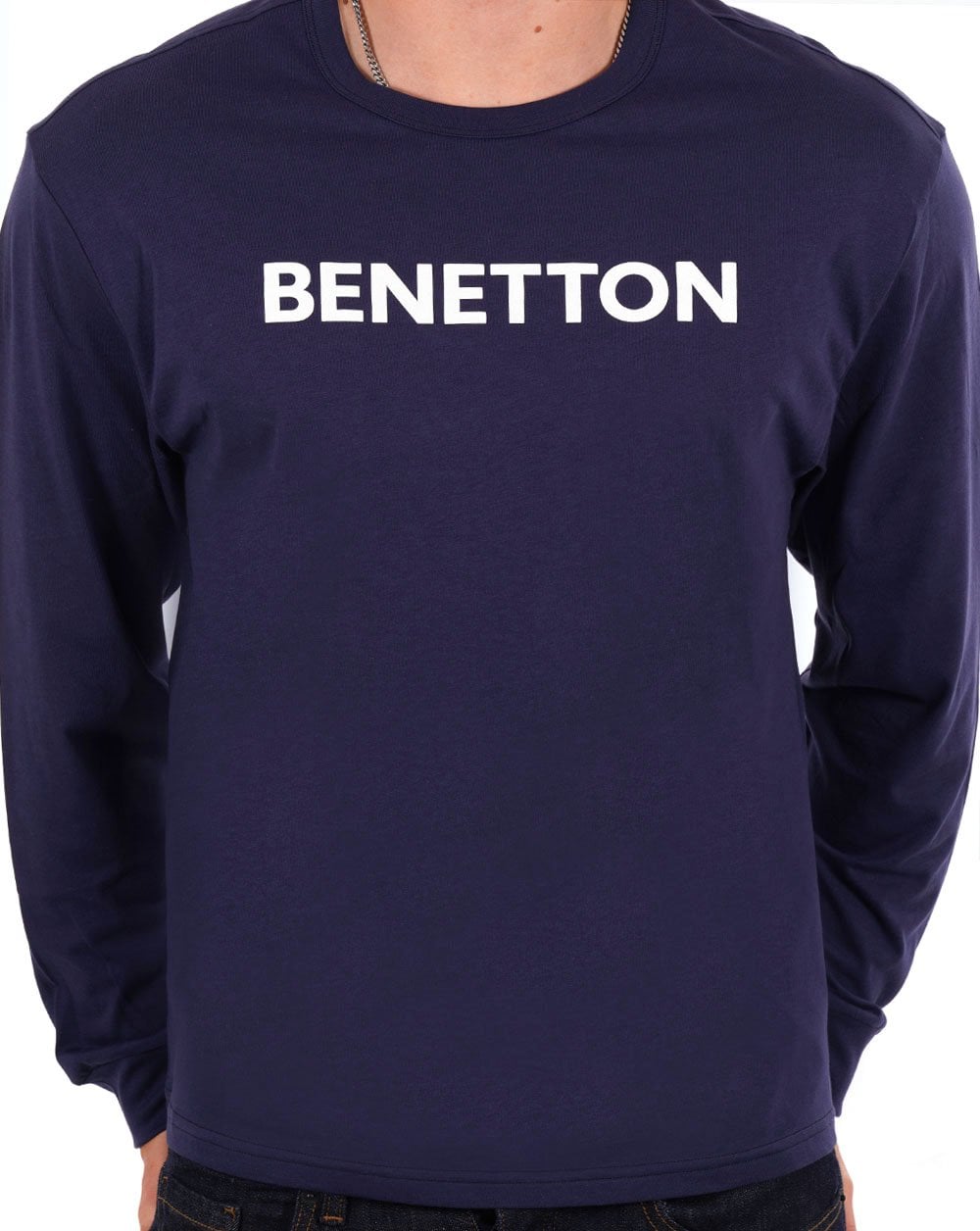 Benetton – Langärmliges Logo-T-Shirt in Marineblau