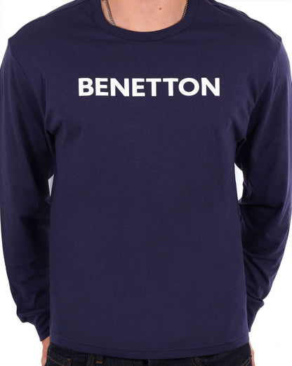 Benetton – Langärmliges Logo-T-Shirt in Marineblau