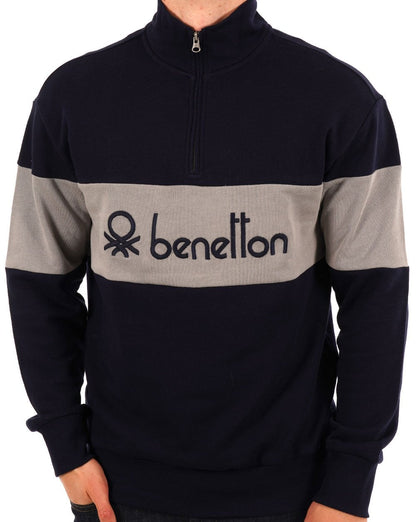 Benetton – Pullover mit Viertelreißverschluss und Farbblockdesign, Marineblau/Grau