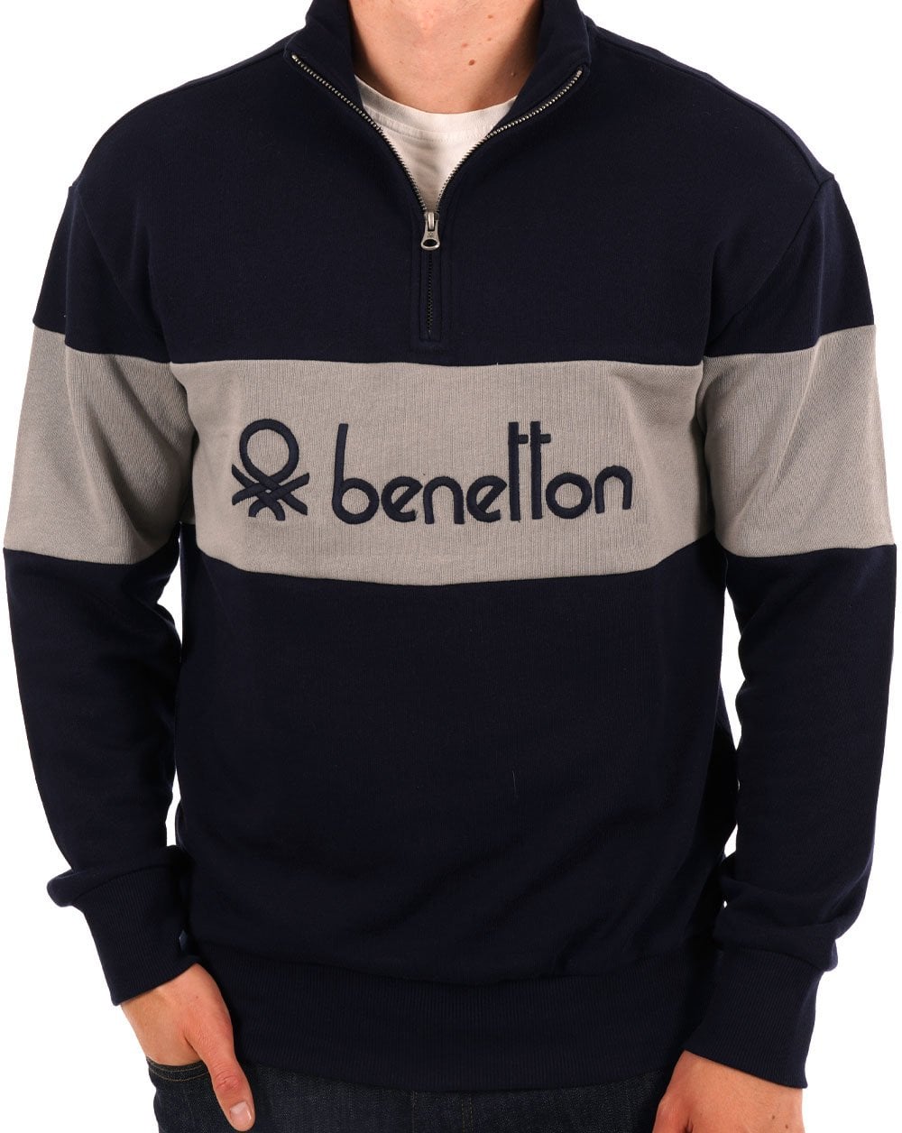 Benetton – Pullover mit Viertelreißverschluss und Farbblockdesign, Marineblau/Grau