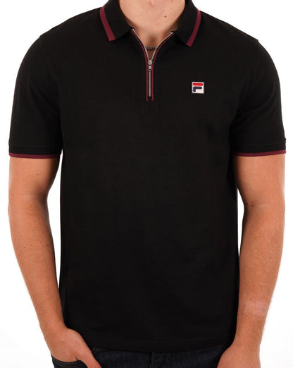 Fila Vintage Tipped Zip Poloshirt Schwarz/Burgund
