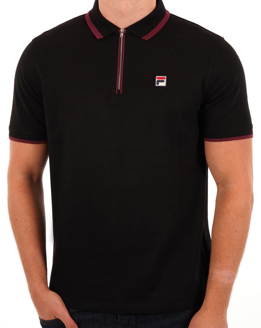 Fila Vintage Tipped Zip Poloshirt Schwarz/Burgund
