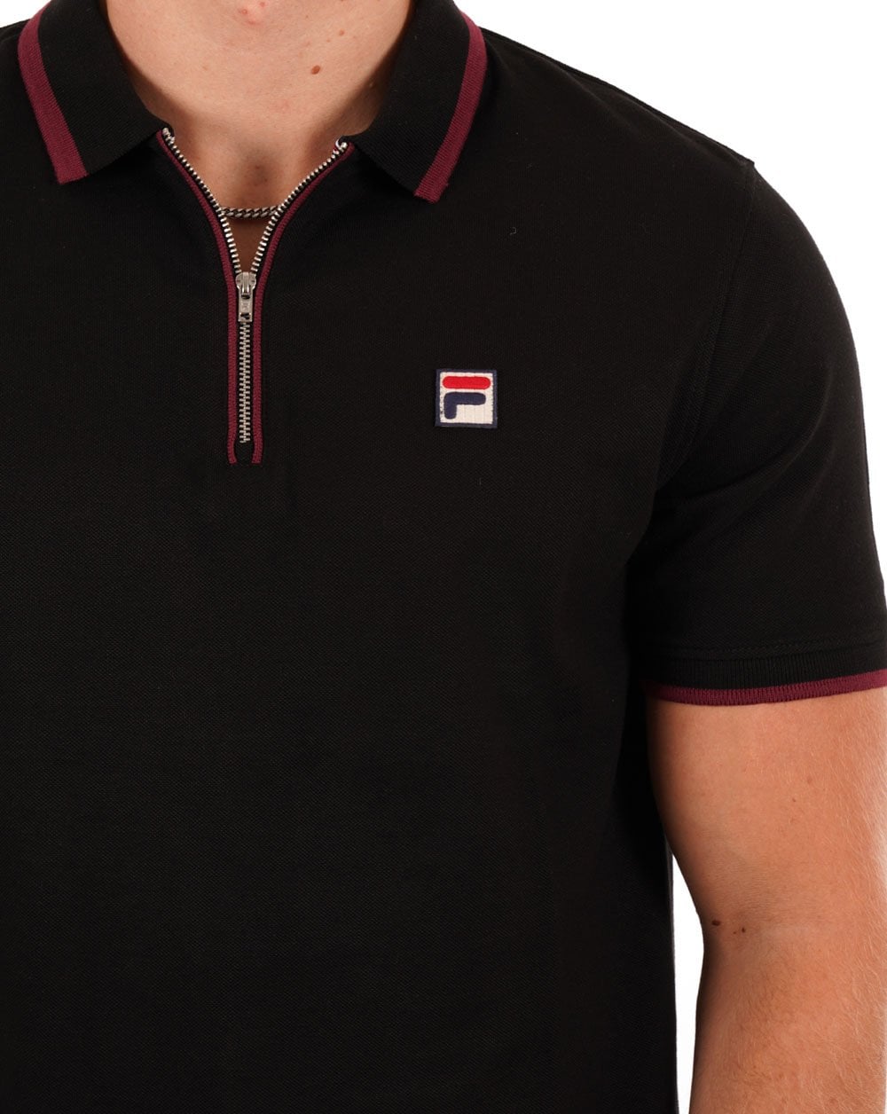 Fila Vintage Tipped Zip Poloshirt Schwarz/Burgund