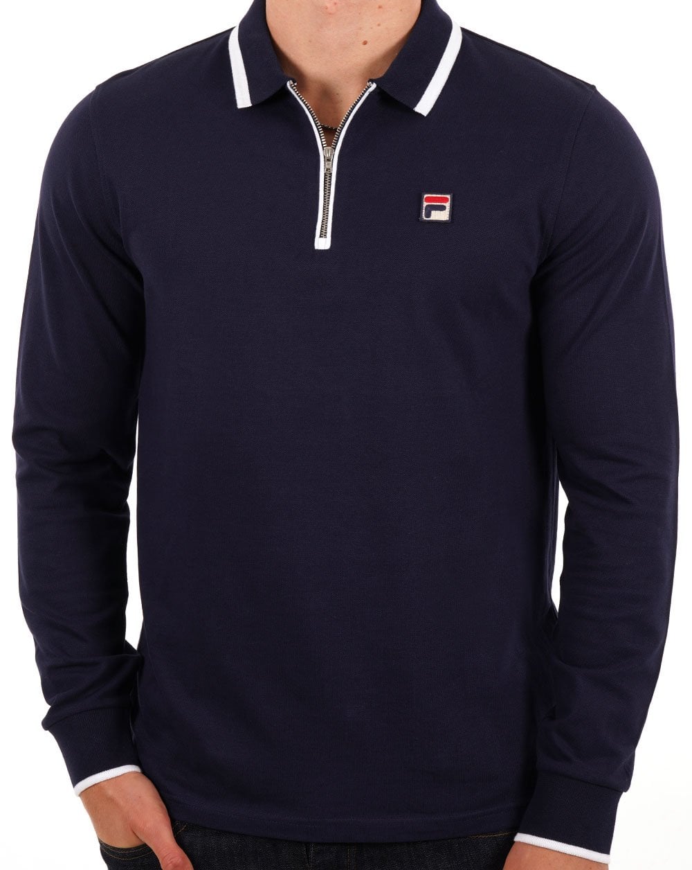 Fila – Poloshirt „Vintage Tipped Zip“ mit langem Arm, Marineblau
