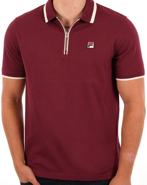 Fila Vintage Tipped Zip Polo Shirt Burgundy