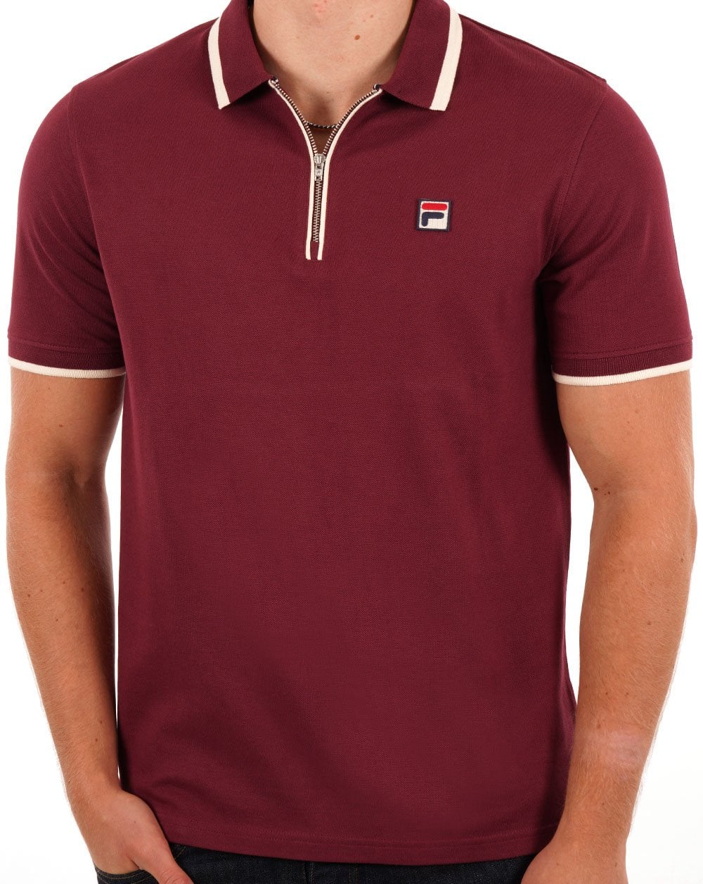 Fila – Vintage-Poloshirt mit Reißverschluss und Tipped-Muster in Burgunderrot