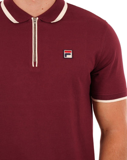 Fila – Vintage-Poloshirt mit Reißverschluss und Tipped-Muster in Burgunderrot