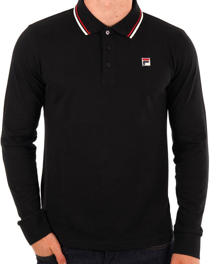 Fila Vintage Tipped Langarm-Poloshirt Schwarz/Gardenia/Rot