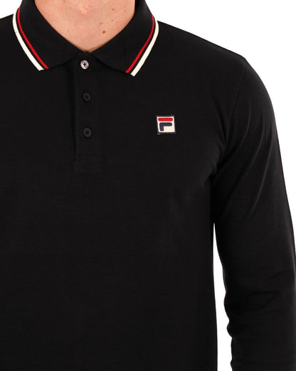 Fila Vintage Tipped Langarm-Poloshirt Schwarz/Gardenia/Rot