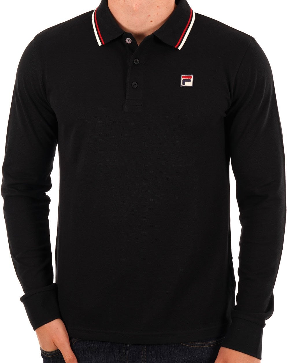 Fila Vintage Tipped Langarm-Poloshirt Schwarz/Gardenia/Rot