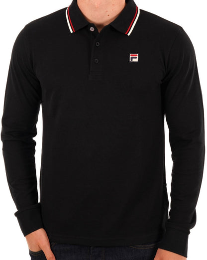 Fila Vintage Tipped Langarm-Poloshirt Schwarz/Gardenia/Rot