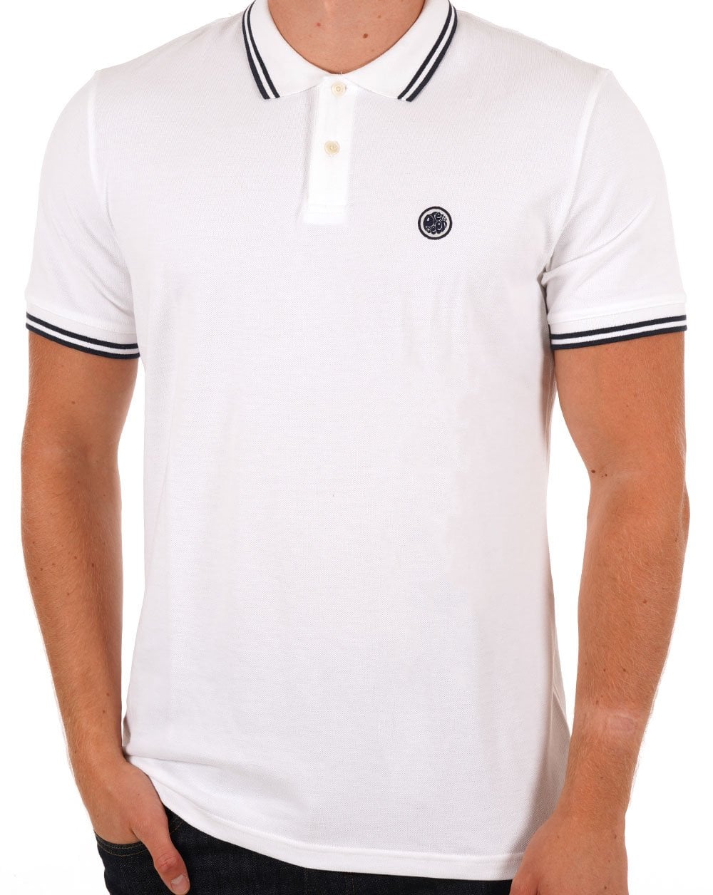 Pretty Green – Poloshirt mit Streifen in Weiß und Marineblau
