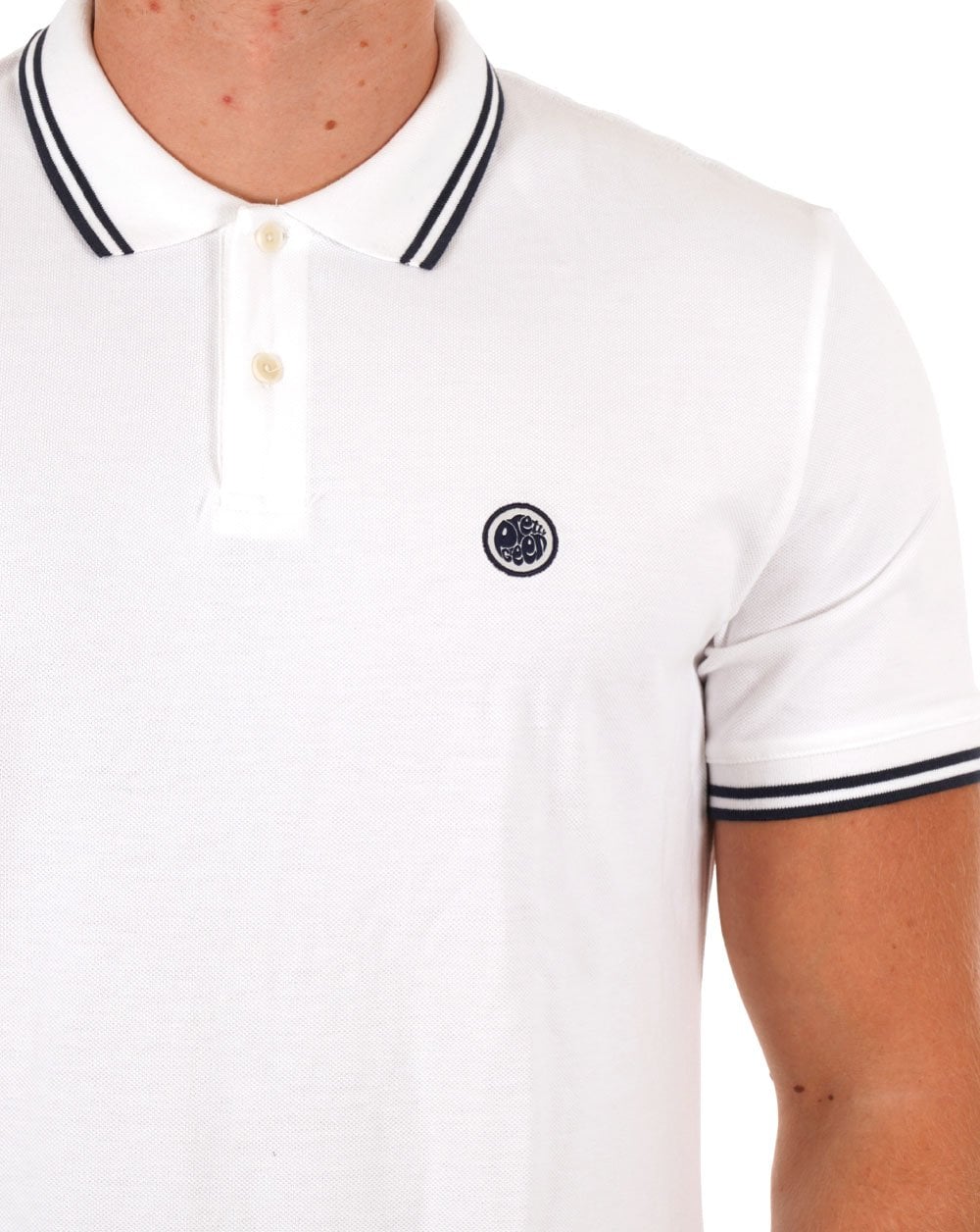 Pretty Green – Poloshirt mit Streifen in Weiß und Marineblau