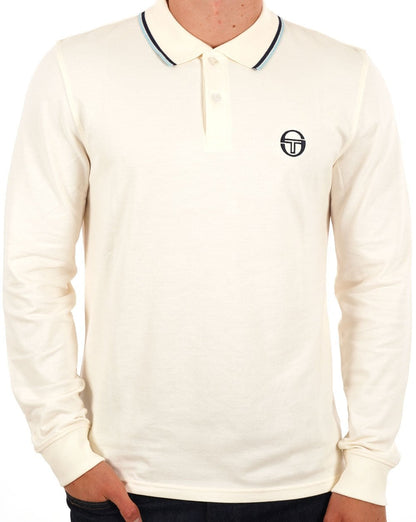 Sergio Tacchini – Langärmliges Poloshirt mit Zierstreifen in Gardenia