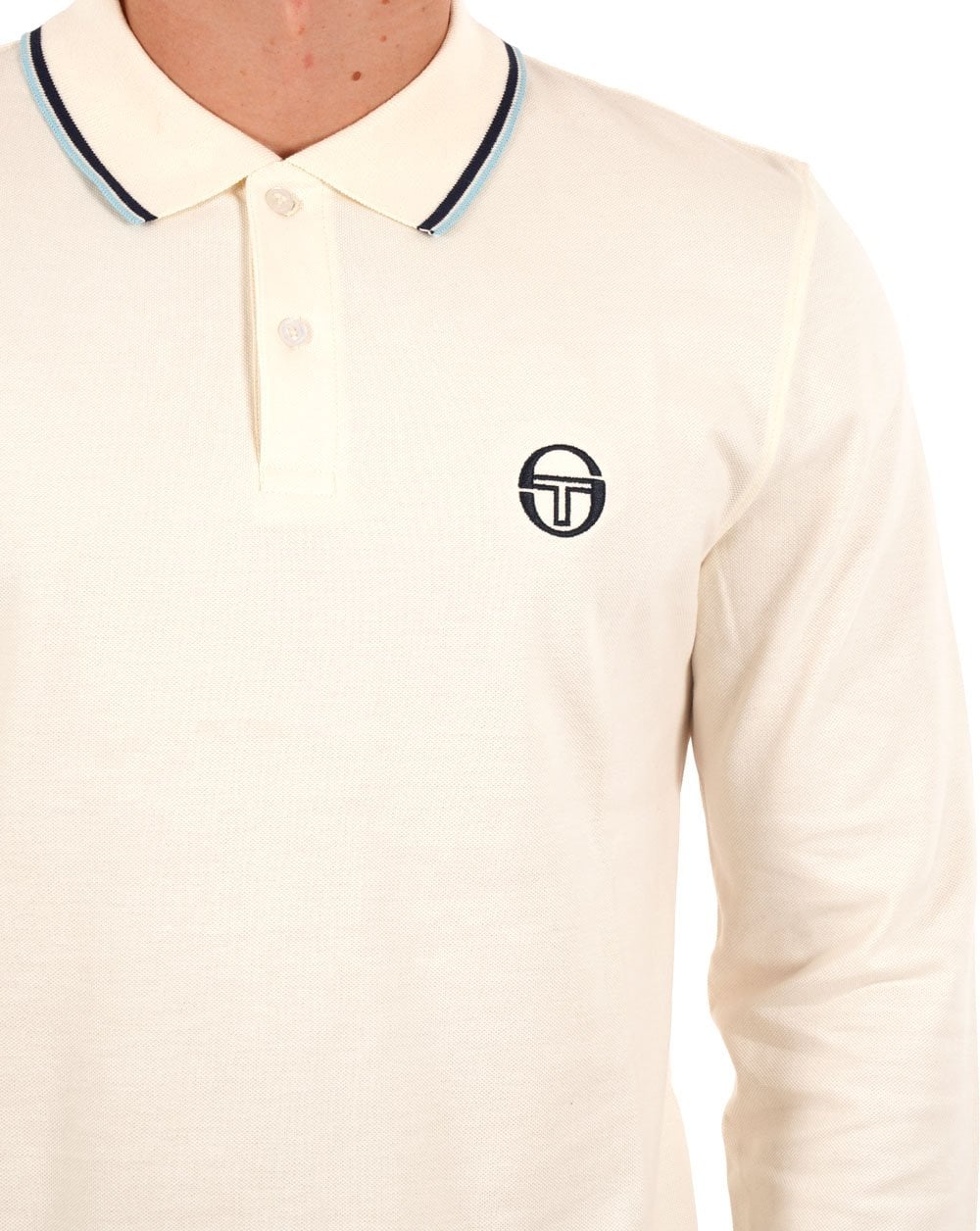 Sergio Tacchini – Langärmliges Poloshirt mit Zierstreifen in Gardenia