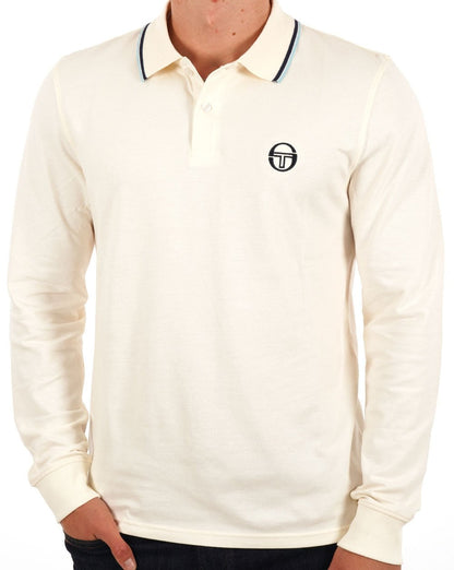 Sergio Tacchini – Langärmliges Poloshirt mit Zierstreifen in Gardenia