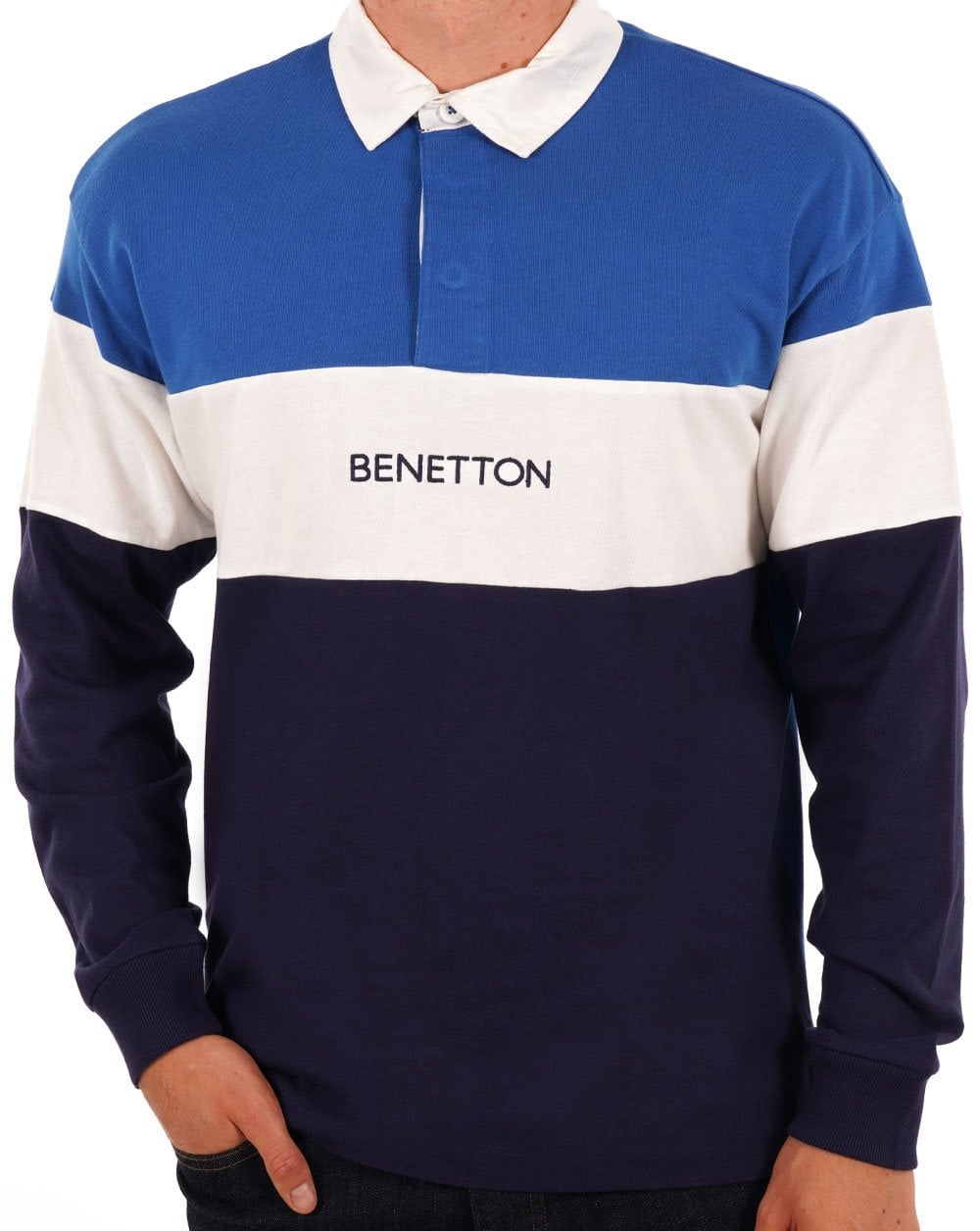 Benetton Poloshirt im Rugby-Stil Blau/Weiß