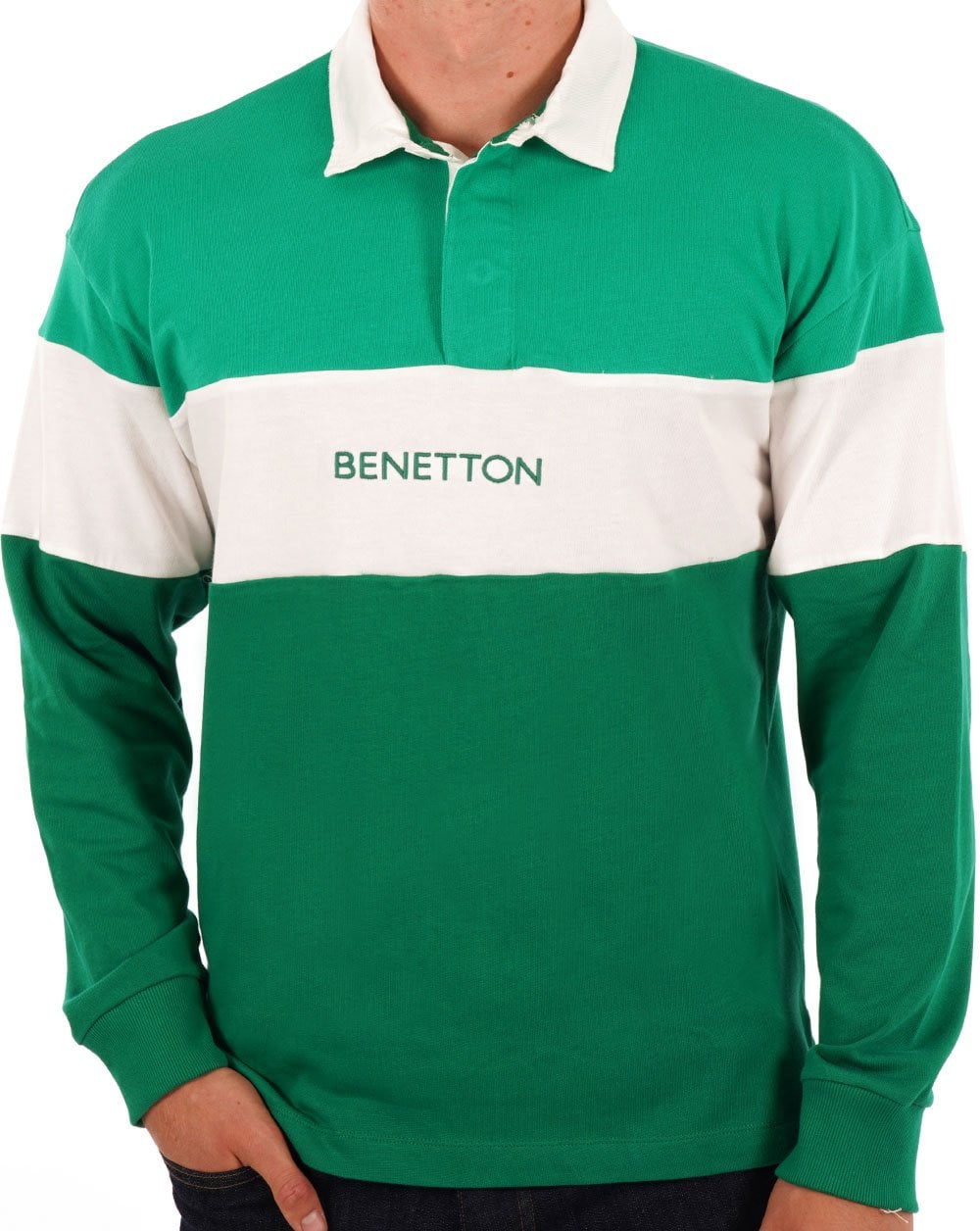 Benetton Poloshirt im Rugby-Stil Grün/Weiß