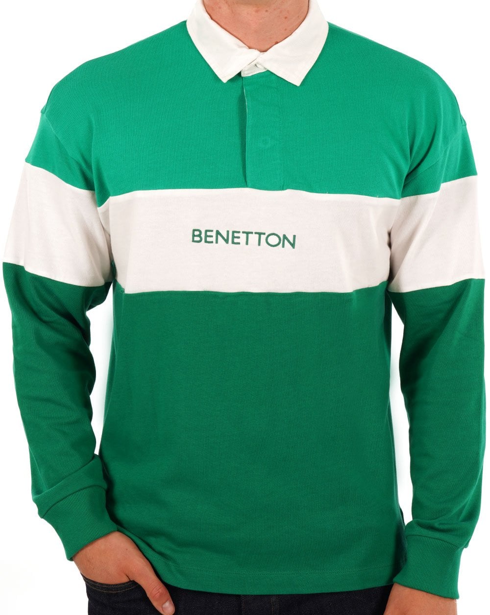 Benetton Poloshirt im Rugby-Stil Grün/Weiß