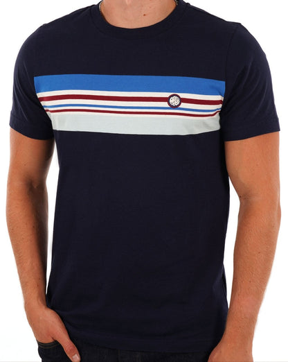 Pretty Green – Hollen – T-Shirt mit Streifen auf der Brust, Marineblau