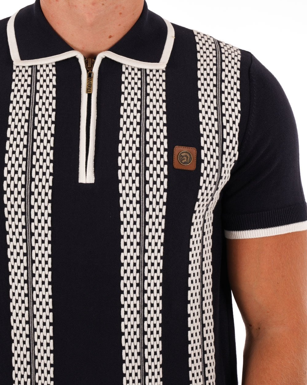 Trojan – Poloshirt mit Kettenstreifen und Reißverschluss in Marineblau