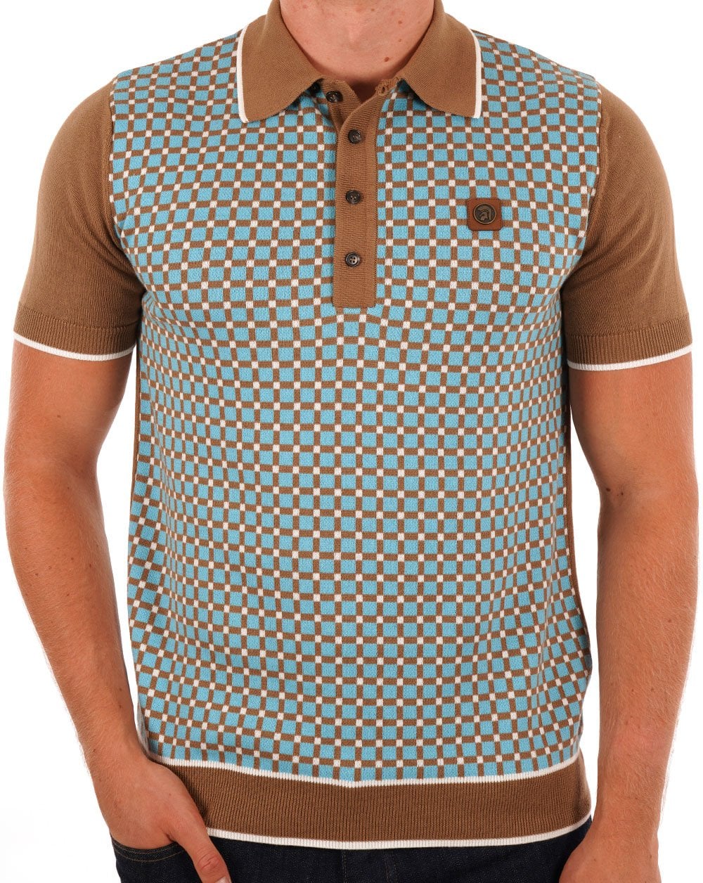 Trojan Squares Panel Strick-Poloshirt Kamel