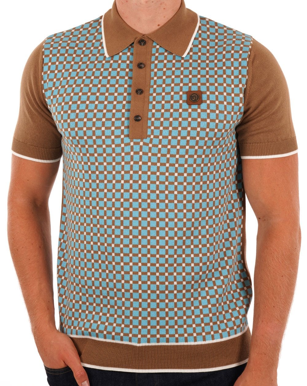 Trojan Squares Panel Strick-Poloshirt Kamel