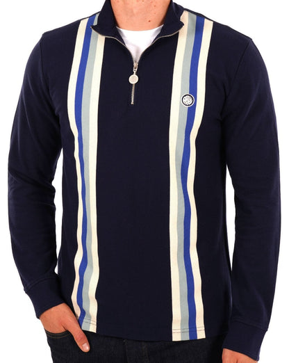 Pretty Green – Langärmliges Poloshirt mit Streifen und Reißverschluss am Kragen, Marineblau