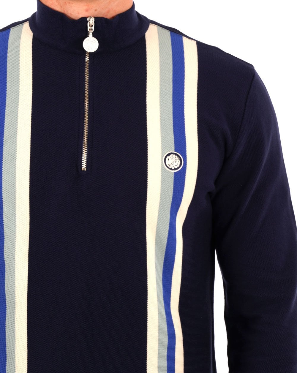 Pretty Green – Langärmliges Poloshirt mit Streifen und Reißverschluss am Kragen, Marineblau