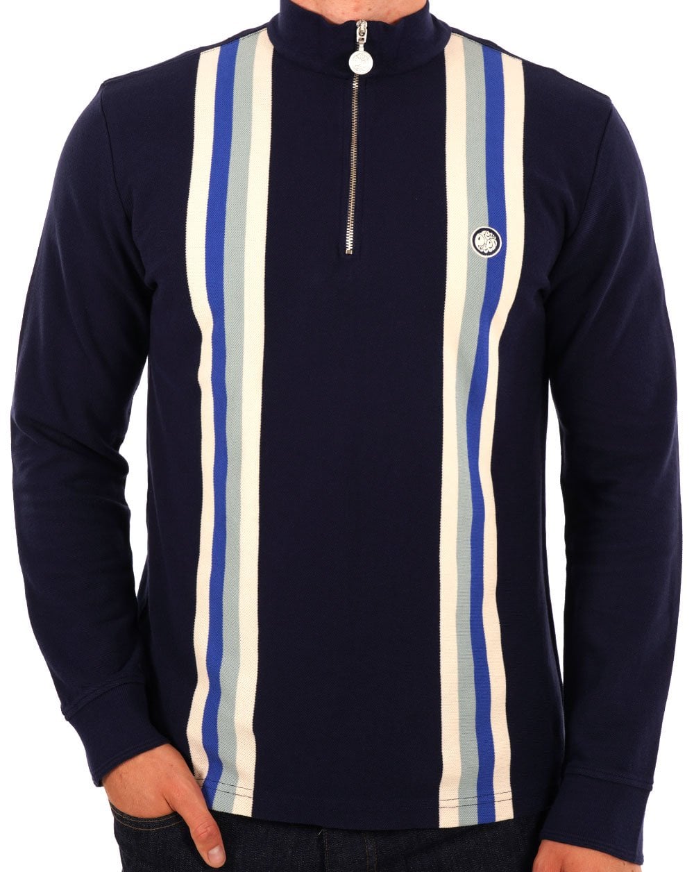 Pretty Green – Langärmliges Poloshirt mit Streifen und Reißverschluss am Kragen, Marineblau