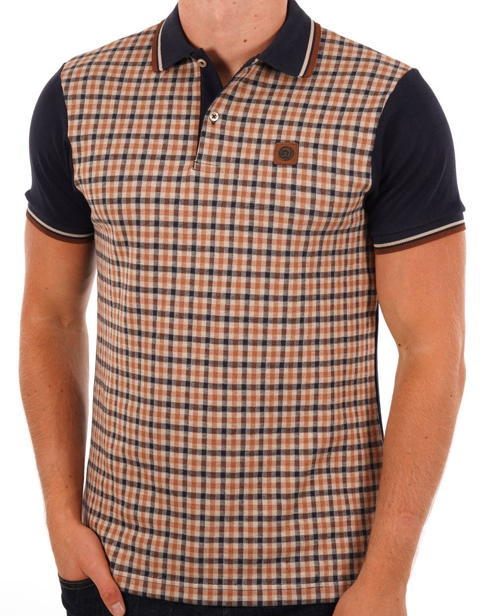 Trojan – Poloshirt mit Gingham-Karo-Einsatz in Marineblau